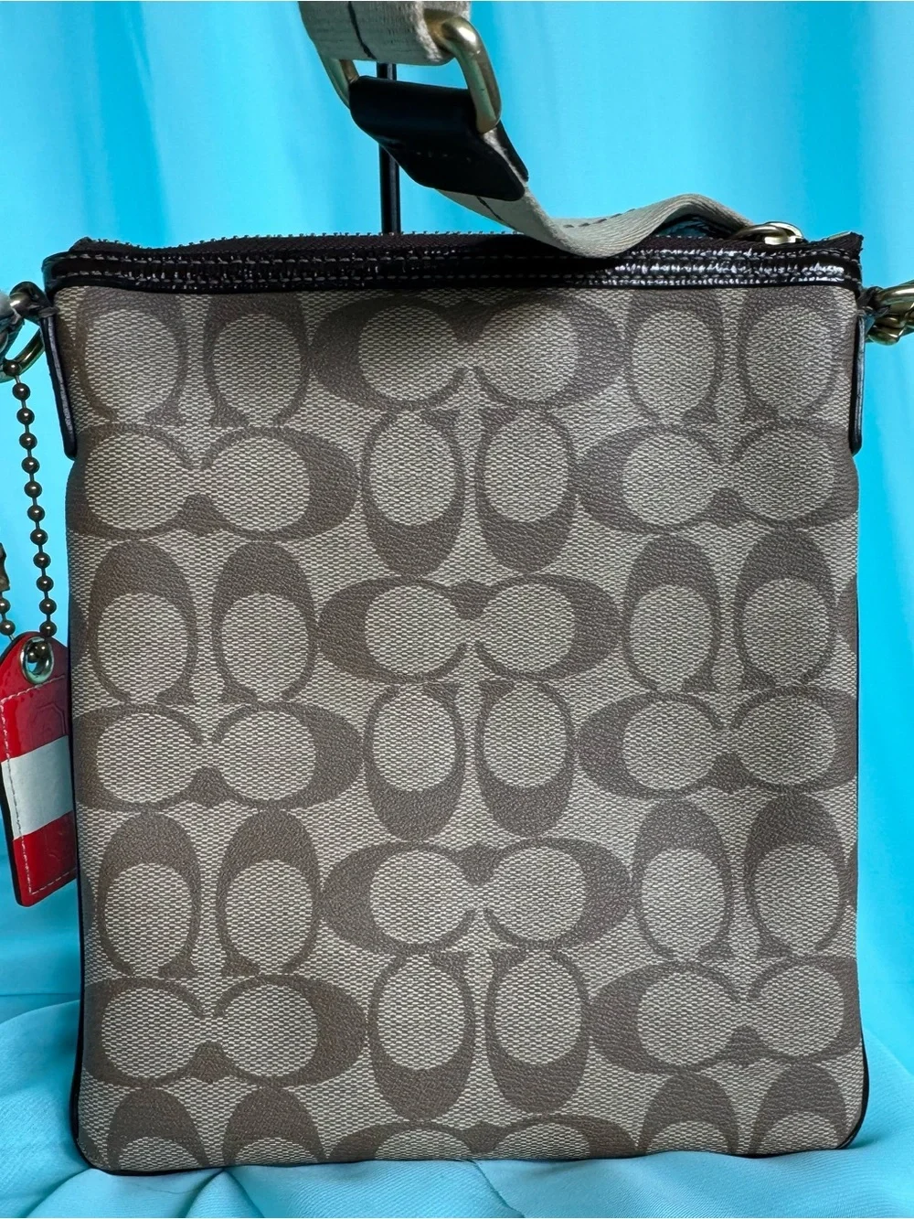 Coach Signature Canvas Crossbody Bag in Brown with Red Logo - Picture 2 of 7